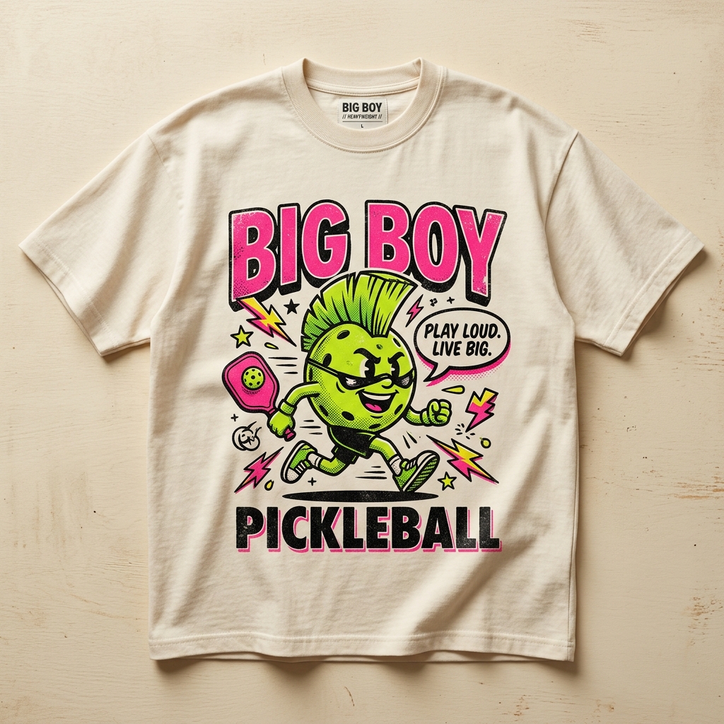 Big Boy Mascot Heavyweight Pickleball Tee in Black with Electric Mohawk Graphic